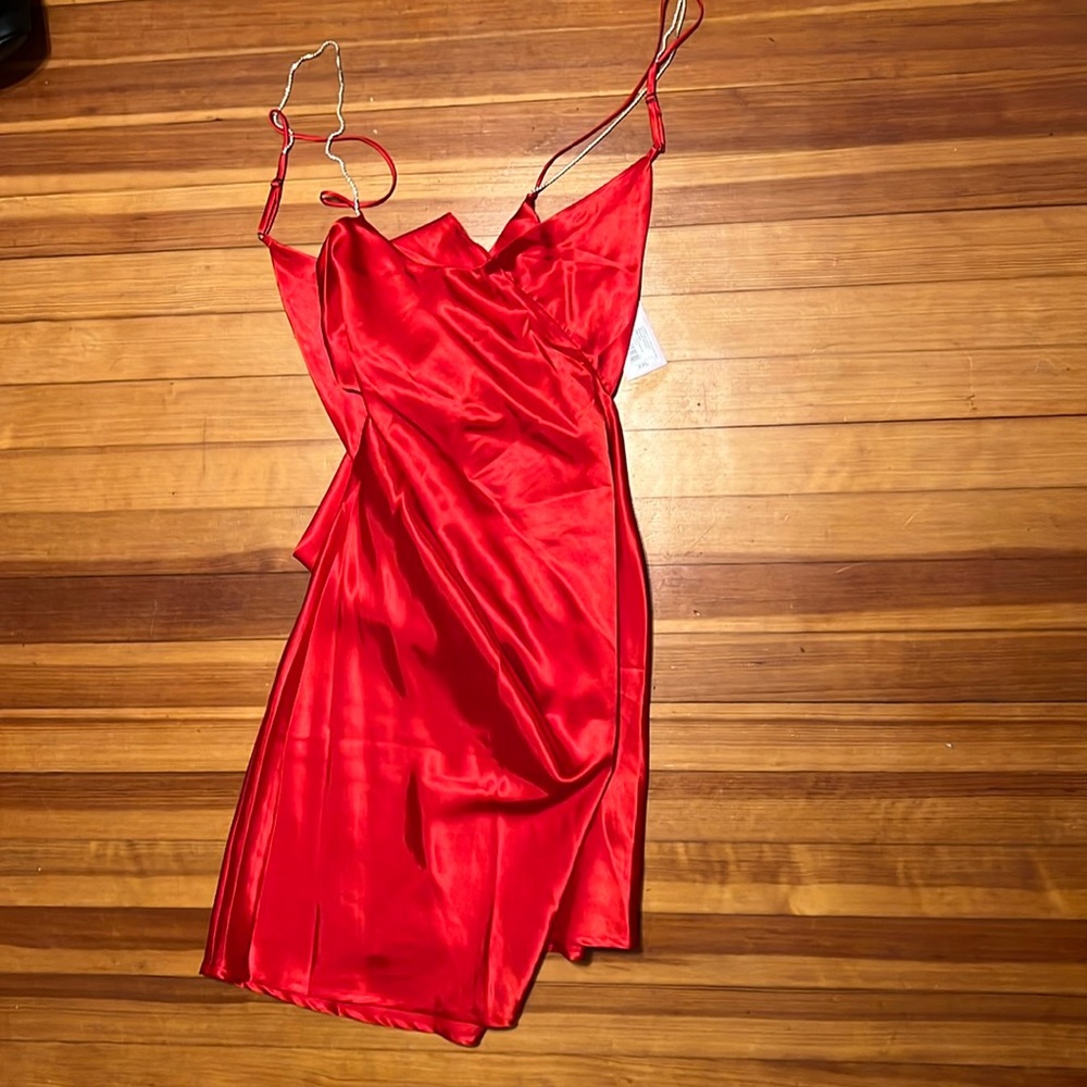 Women’s red satin slip dress with rhinestone straps